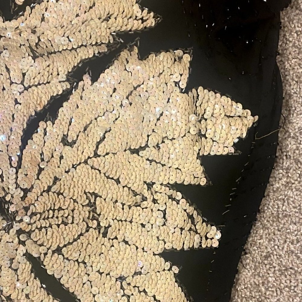 Vintage 80s Sho Max sequin dress opalescent creme black leaf design art nouveau - Picture 15 of 15